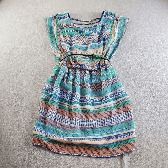 City Triangles Dress Women Small Blue Aztec Print Front Belted Round Neck Mini - Picture 10 of 11